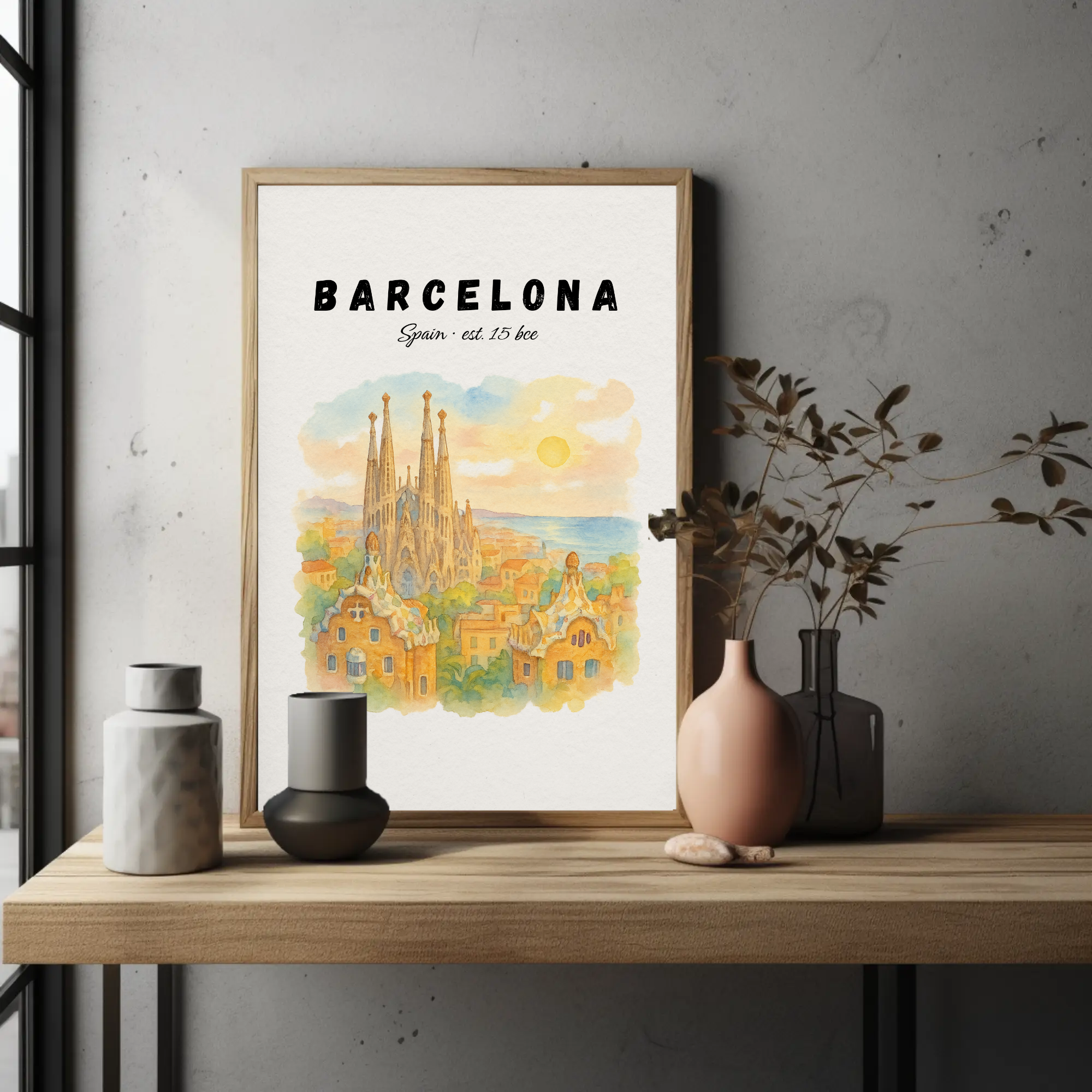 Barcelona Wall Art Print: Spain Travel Poster with Sagrada Familia, Mediterranean City Decor
