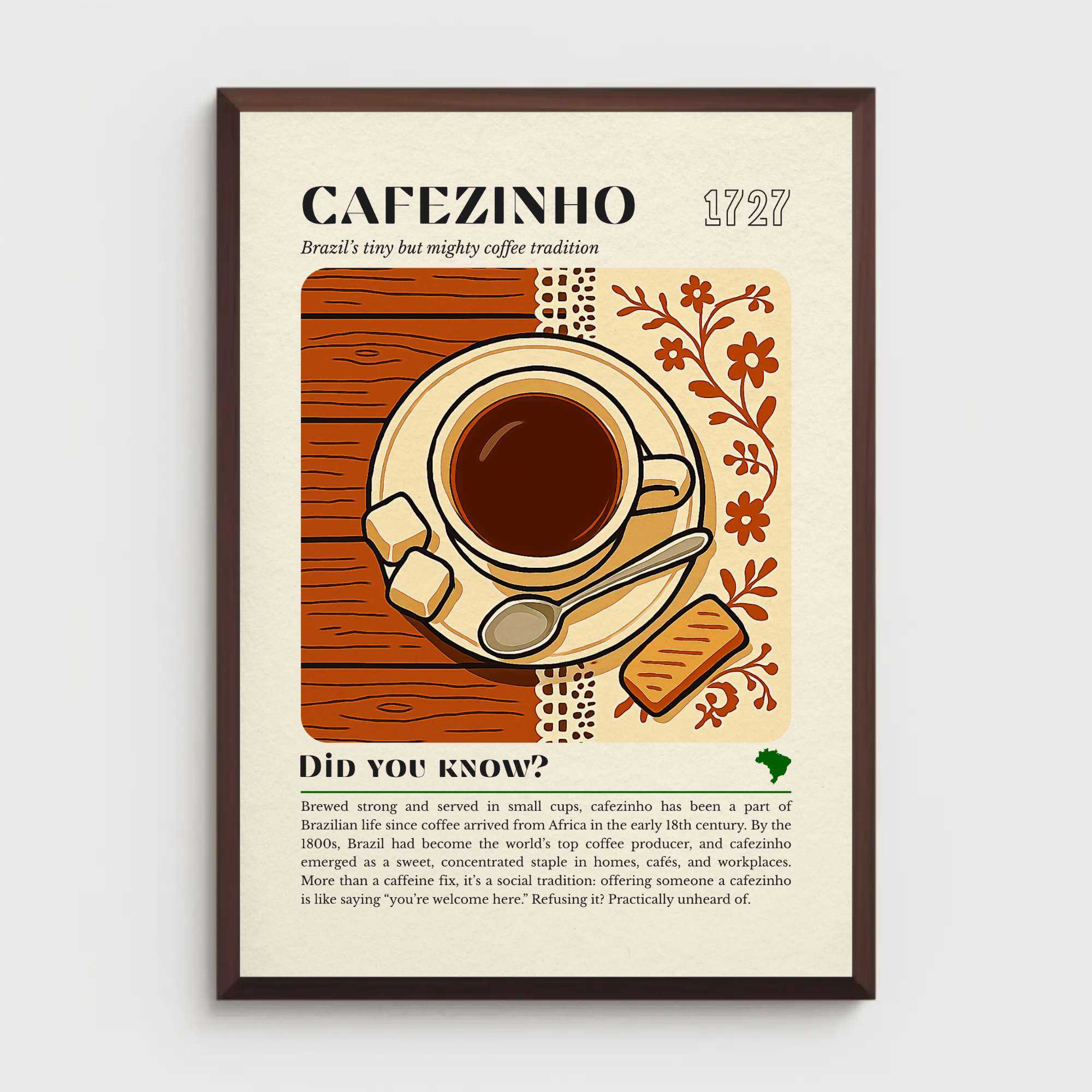 Brazilian Coffee Print: Cafezinho Cup, Biscuit & Sugar Cubes