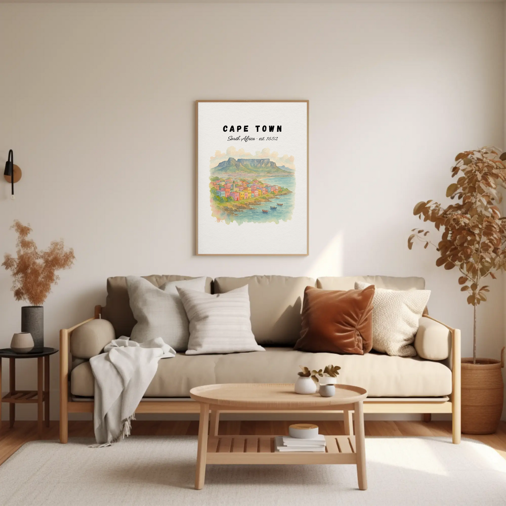 Cape Town Wall Art Print: Table Mountain & Bo-Kaap Poster, South Africa Decor