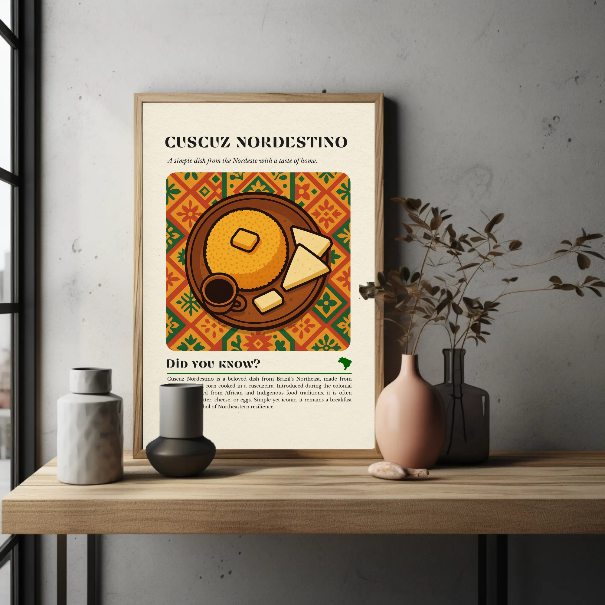 Cuscuz Nordestino Kitchen Print: Brazilian Food Illustration, Rustic Cultural Decor