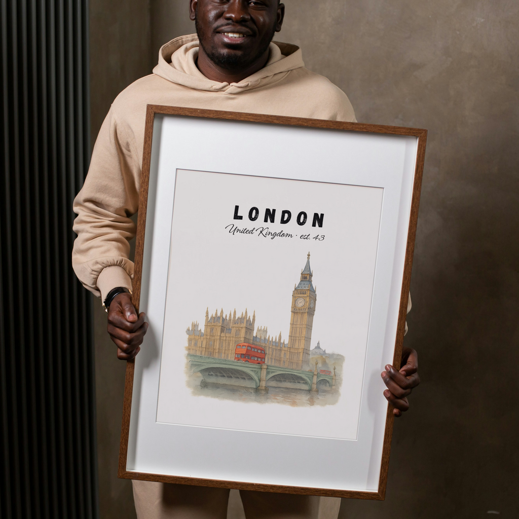 London Wall Art Print: Big Ben & Red Bus Illustration, British city decor