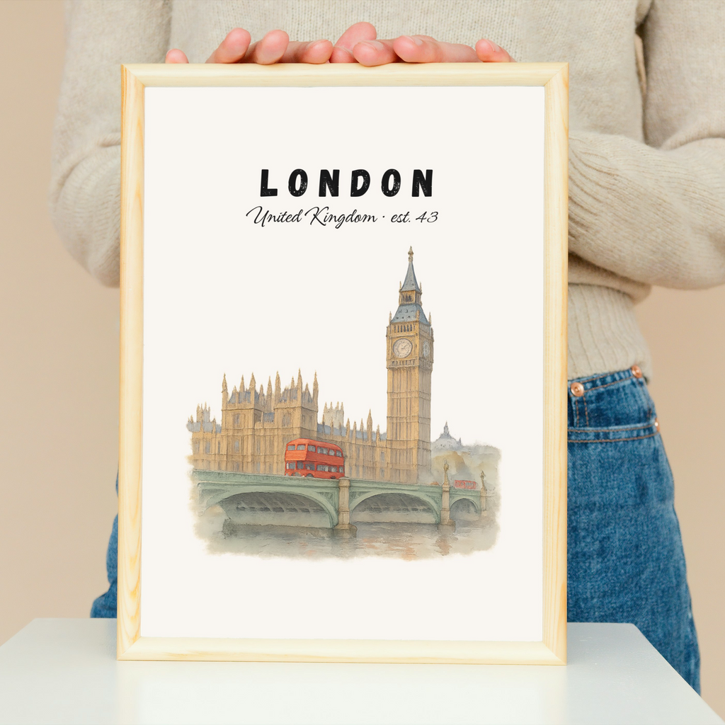 London Wall Art Print: Big Ben & Red Bus Illustration, British city decor
