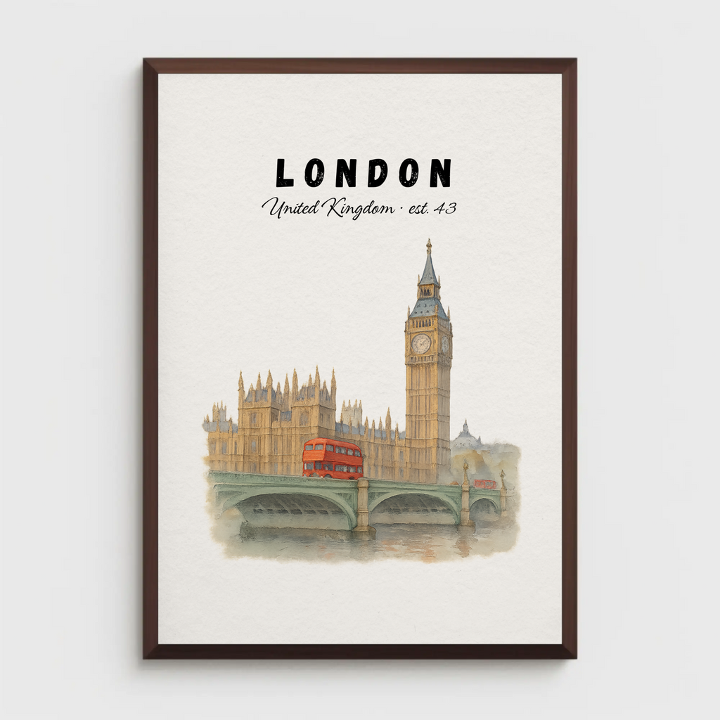 London Wall Art Print: Big Ben & Red Bus Illustration, British city decor