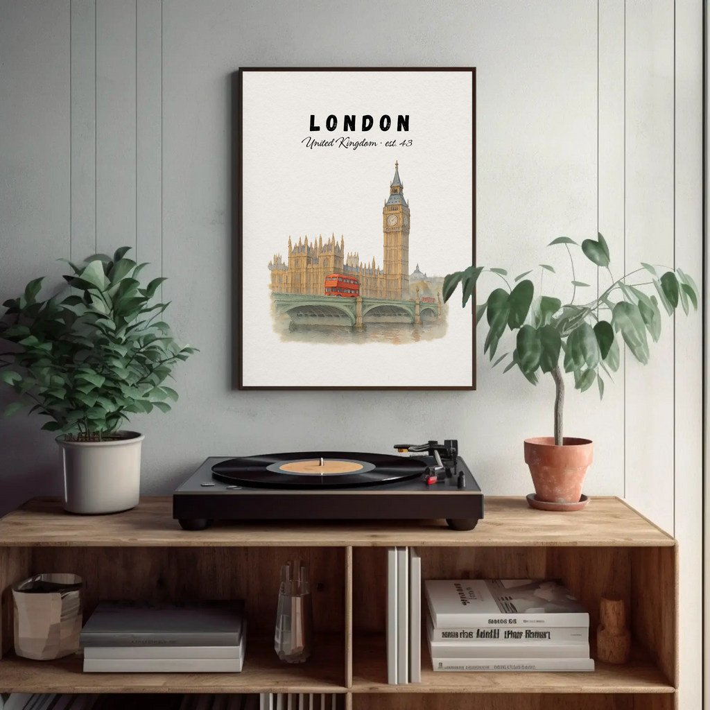 London Wall Art Print: Big Ben & Red Bus Illustration, British city decor