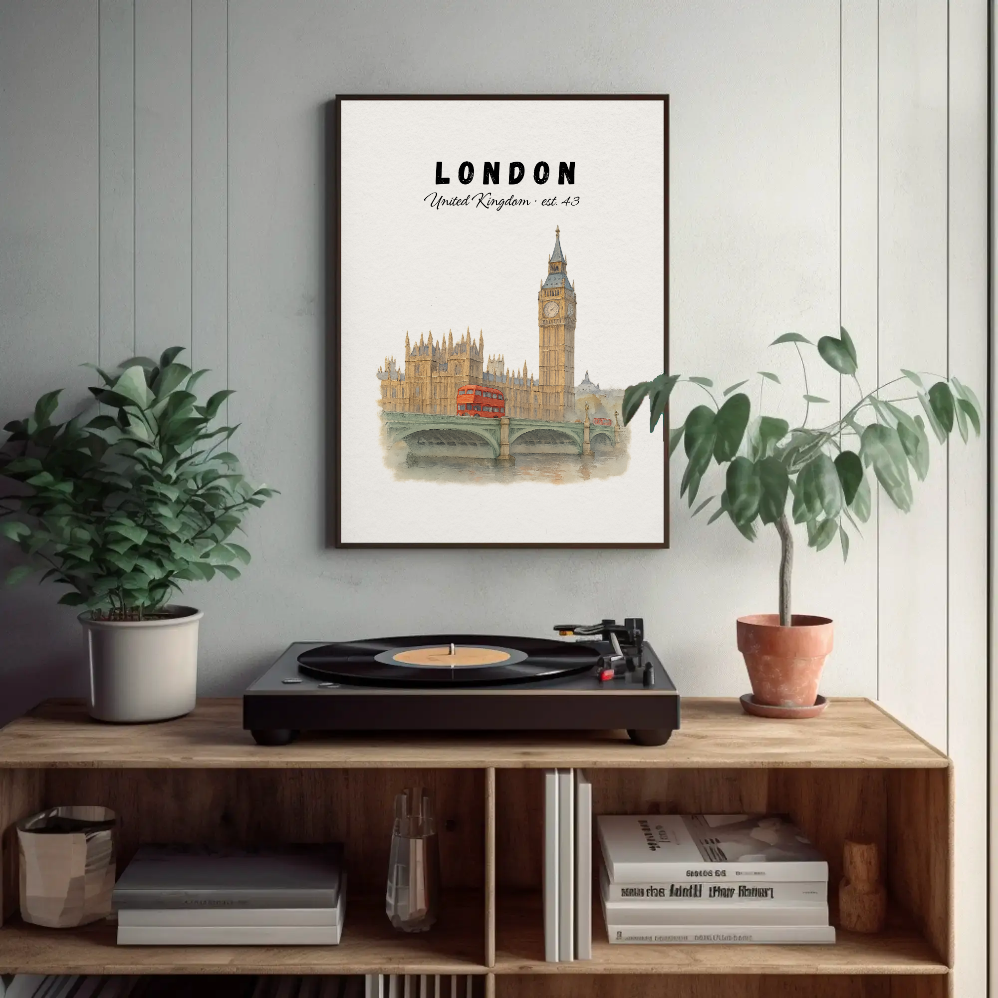 London Wall Art Print: Big Ben & Red Bus Illustration, British city decor