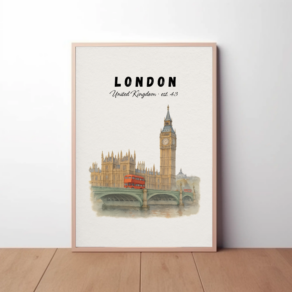 London Wall Art Print: Big Ben & Red Bus Illustration, British city decor