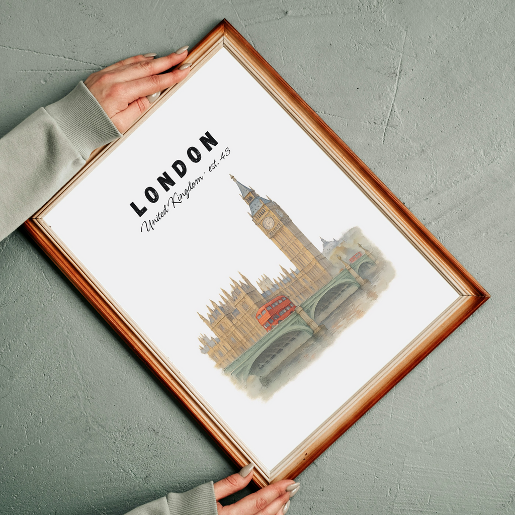 London Wall Art Print: Big Ben & Red Bus Illustration, British city decor
