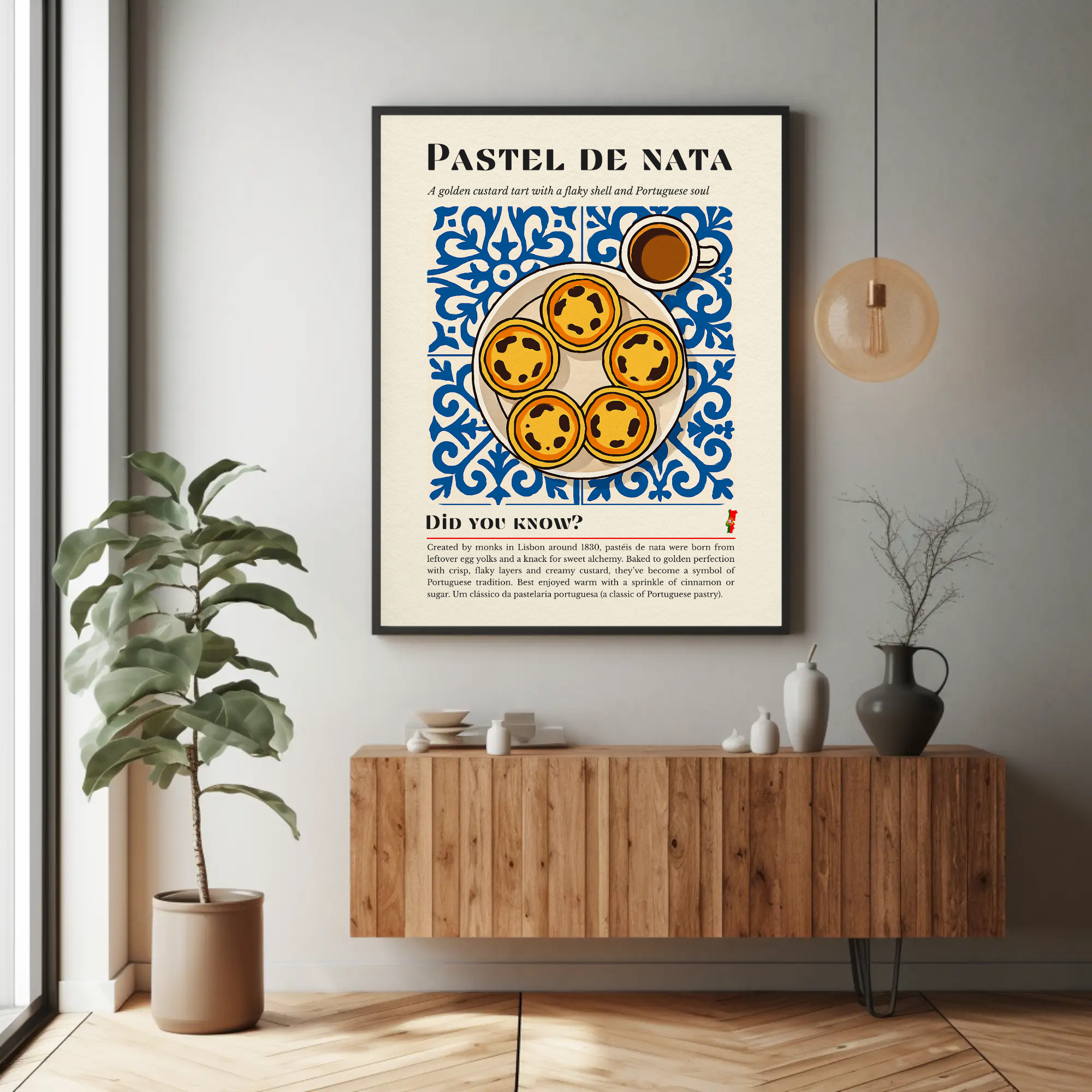 Pastel de Nata Print: Portuguese Custard Tart, Blue Tile Kitchen Art