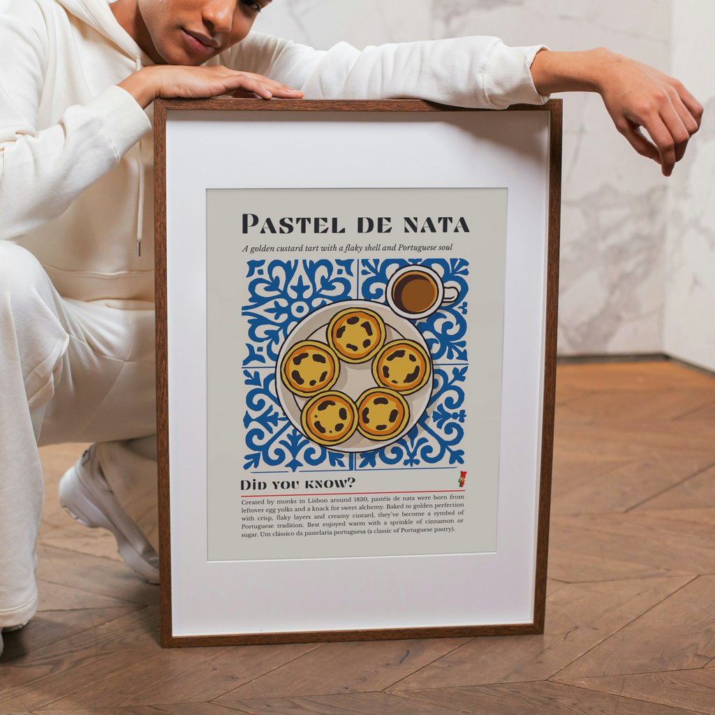 Pastel de Nata Print: Portuguese Custard Tart, Blue Tile Kitchen Art