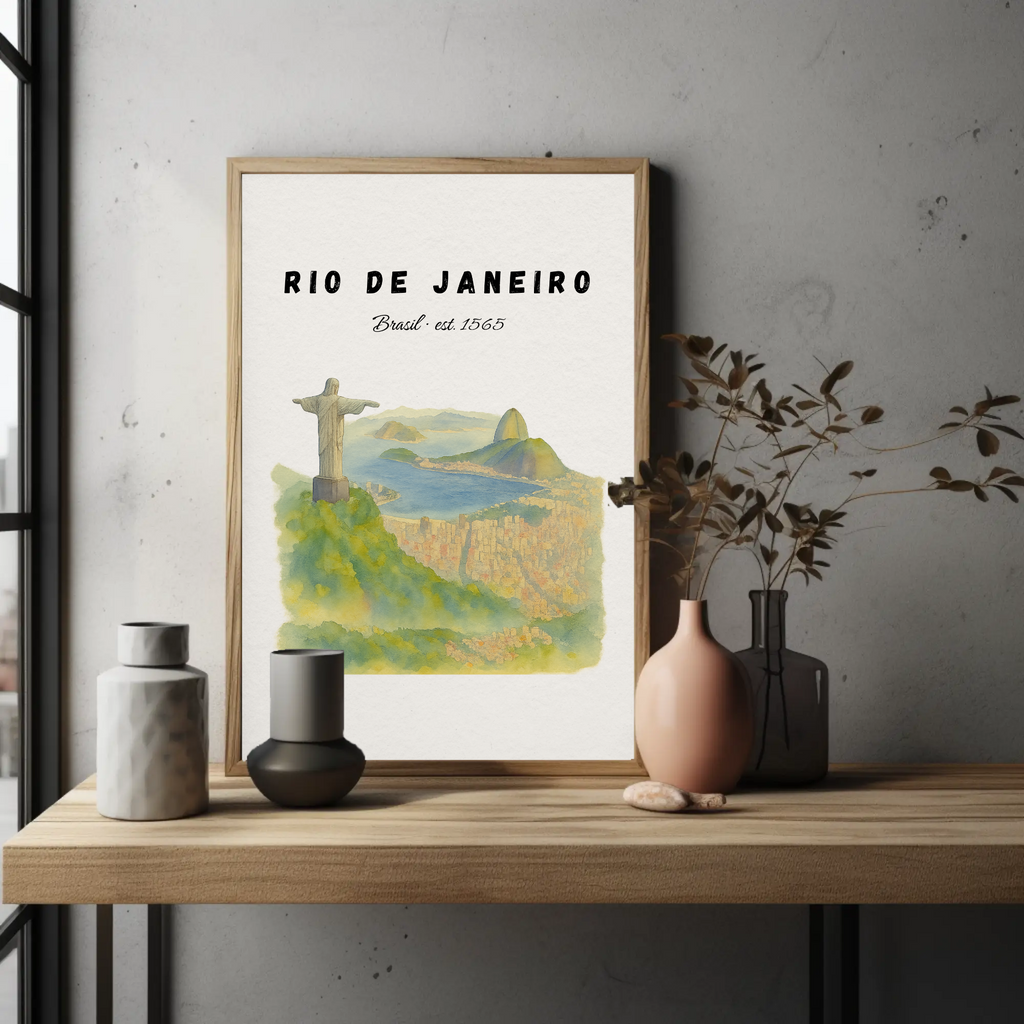 Rio de Janeiro Travel Poster: Christ the Redeemer, Sugarloaf Mountain Print